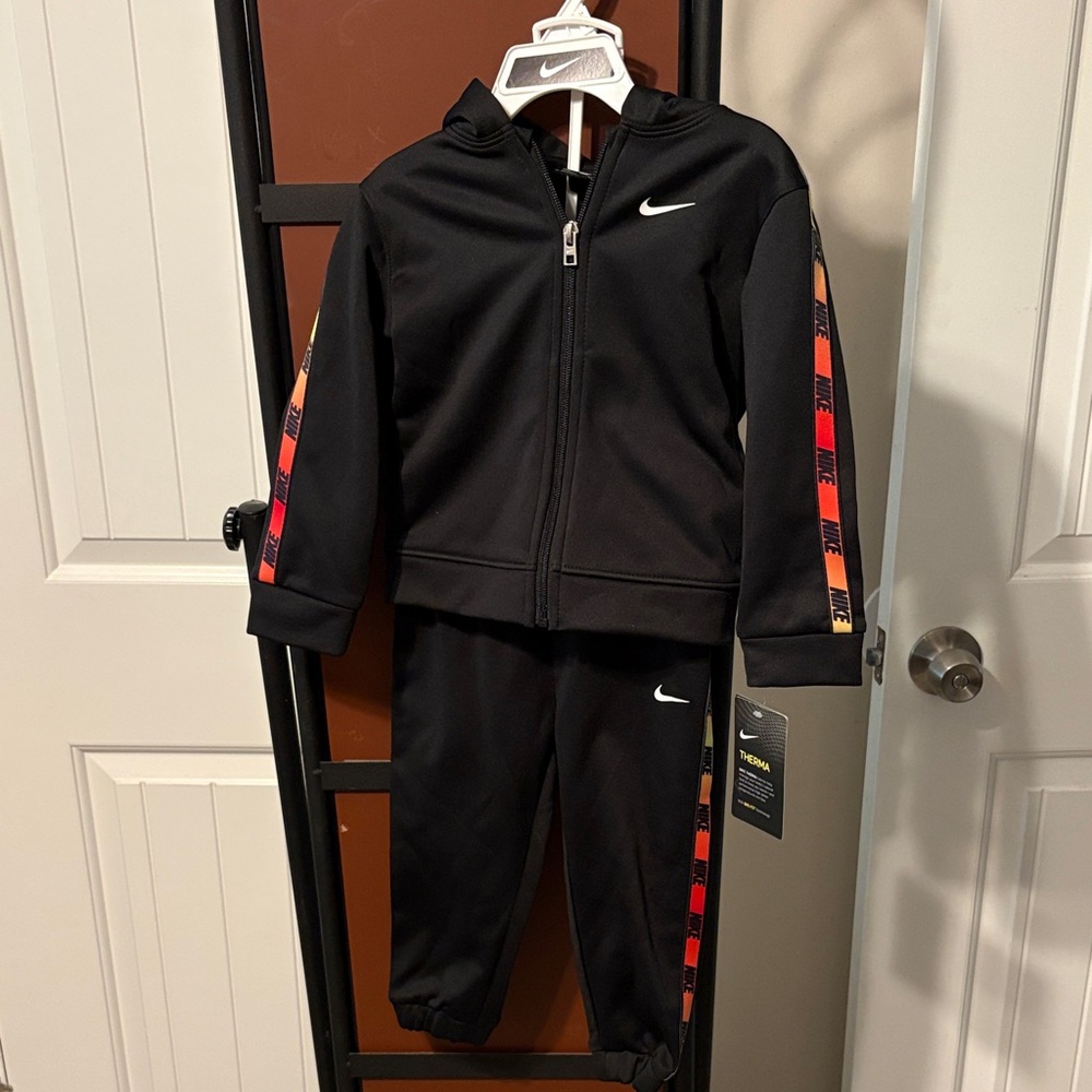 Nike Black Kids Hoodie & Joggers with Red-Orange Stripe